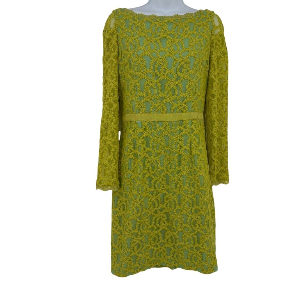 Nine West ChartreuseLace Overlay Dress Sz 6 Retro Spring Statement Dopamine 60s